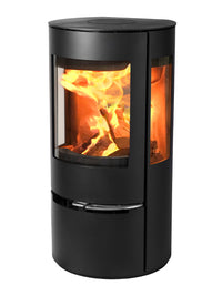 Side view of the Aduro 17 wood burning stove showcasing its sleek design and large glass panel for a 180-degree flame view.