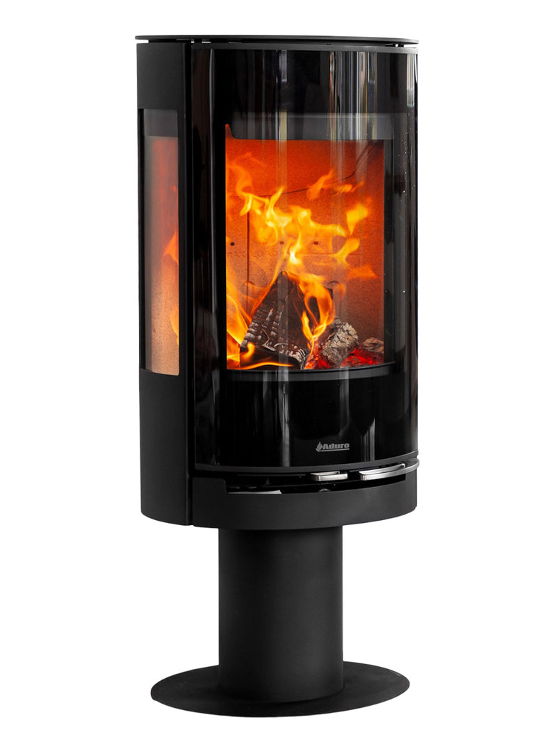 Side view of Aduro 22.3 Lux wood burning stove with glossy glass door and elegant pedestal design.
