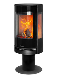 Side view of Aduro 22.3 Lux wood burning stove with glossy glass door and elegant pedestal design.