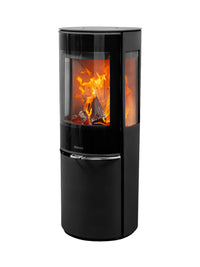 Side view of Aduro 22.5 Lux wood burning stove with black glass door and slender design, showcasing elegant lines and height.