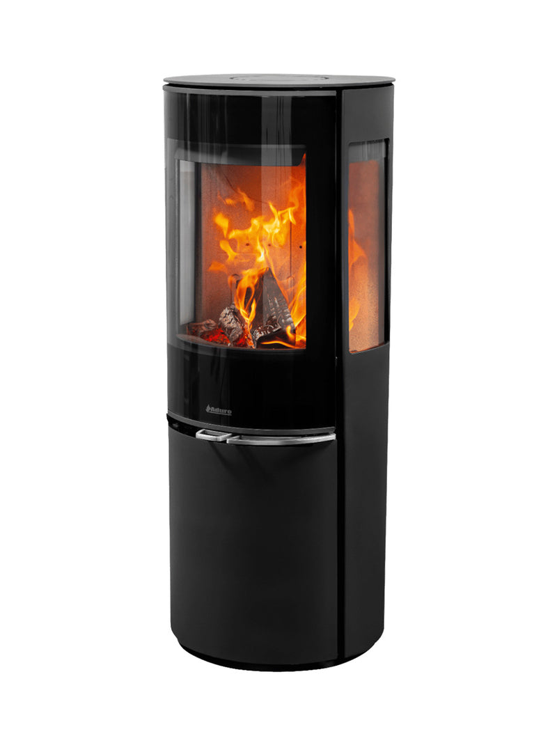 Side view of Aduro 22.5 Lux wood burning stove with black glass door and slender design, showcasing elegant lines and height.