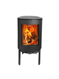 Side view of the Aduro 23 wood burning stove with curved glass and elegant legs, showcasing its modern design.