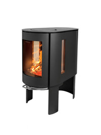 Modern Aduro 23 wood burning stove with curved glass, elegant legs, and deep combustion chamber for logs up to 50cm.