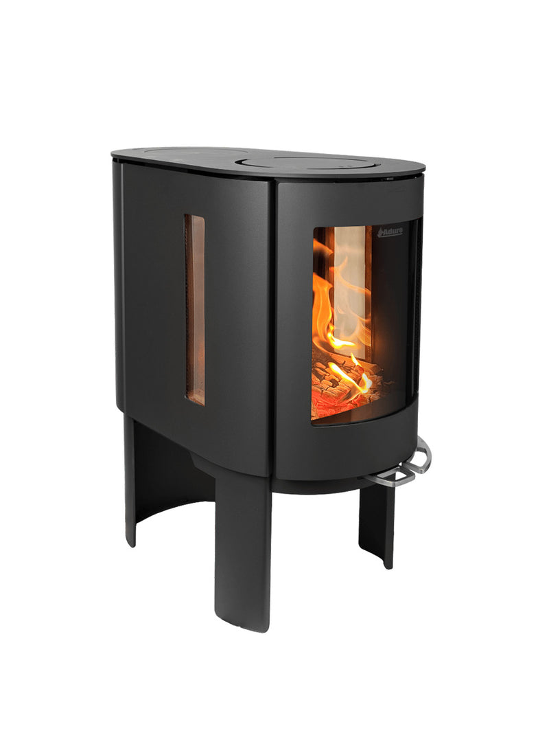 Side view of Aduro 23 wood burning stove with curved glass, elegant legs, and a modern design in black finish.
