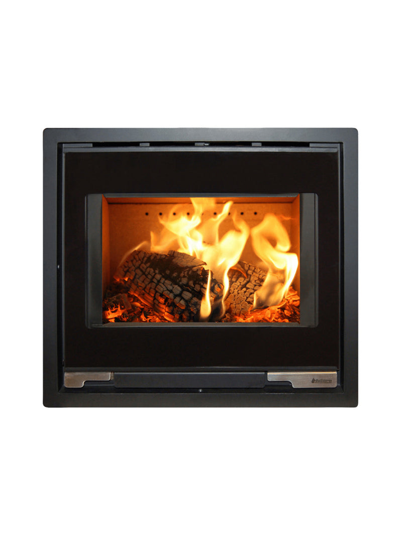 Side view of Aduro 5.1 wood burning stove inset with large glass door and minimalist design in sleek black finish.