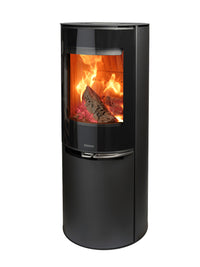 Side view of Aduro 9.8 Lux wood burning stove with black glass door and integrated handles, showcasing elegant design.