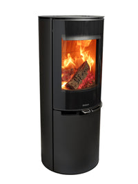 Side view of Aduro 9.8 Lux wood burning stove with black glass door and integrated handles, showcasing its elegant design.