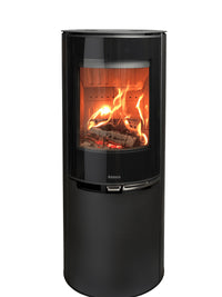 Side view of Aduro 9.8 Lux wood burning stove with black glass door and integrated handles, showcasing its elegant design.