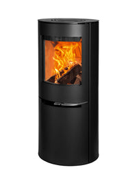 Side view of the Aduro H2 Hybrid Stove with a curved glass front and sleek design, showcasing its modern finish.