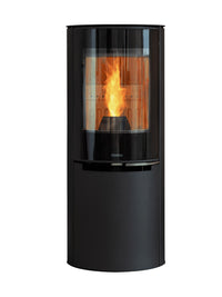 Side view of Aduro H4 Lux Hybrid Stove with glossy glass door and curved front, showcasing sleek design and modern finish.