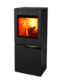 Side view of Aduro H5 Hybrid Stove showcasing its cubic design, smooth surfaces, and elegant handles in a modern setting.