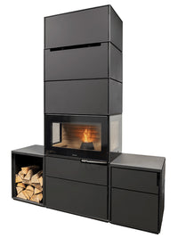 Side view of Aduro H6 Lux Hybrid Stove showcasing its large glass section and sleek design.
