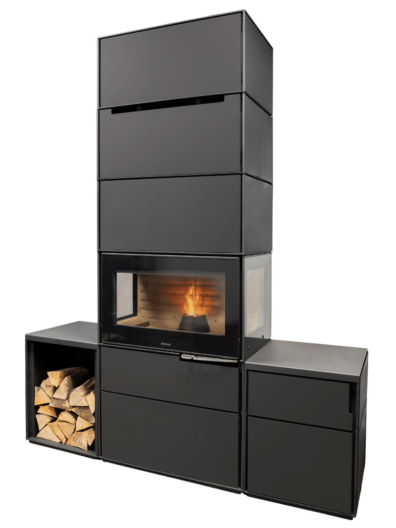 Side view of Aduro H6 Lux Hybrid Stove showcasing its large glass section and sleek design.