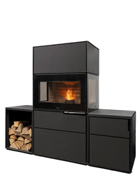 Side view of Aduro H6 Lux Hybrid Stove showcasing its large glass section and sleek design in black finish.