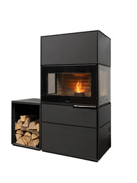Side view of Aduro H6 Lux Hybrid Stove showcasing its large glass section and sleek design.