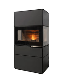 Side view of Aduro H6 Lux Hybrid Stove showcasing its large glass panel and sleek design in black finish.