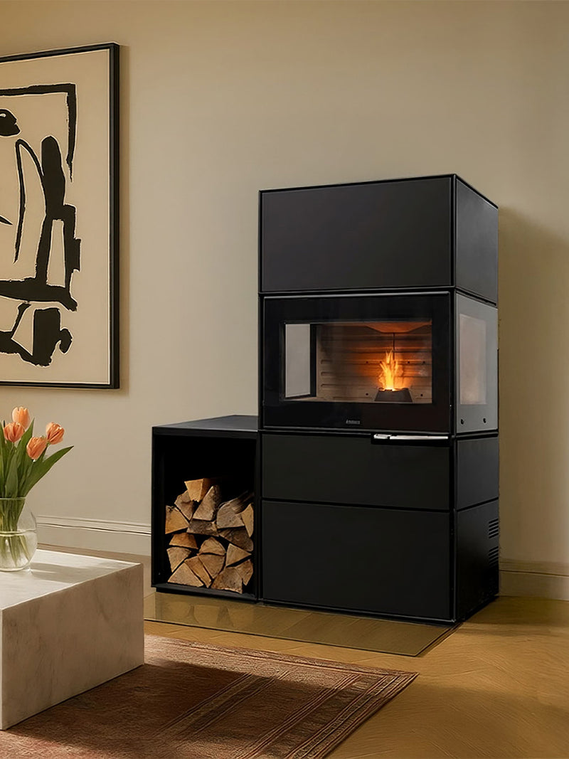 Aduro H6 Lux Hybrid Stove in sleek black with large glass front and wide combustion chamber, showcasing its modern design.