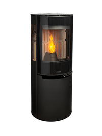 Side view of Aduro P5 Lux wood pellet stove in sleek black finish with a modern design and glass door.