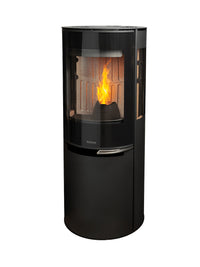 Side view of Aduro P5 Lux wood pellet stove in sleek black finish, showcasing its modern design and clean lines.