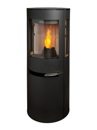 Side view of Aduro P5 wood pellet stove with curved glass and elegant side panels, showcasing the flame and design.