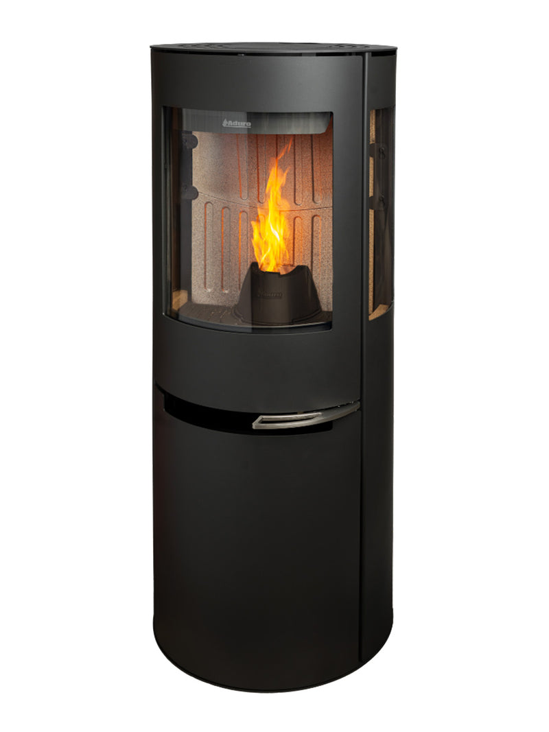 Side view of Aduro P5 wood pellet stove with curved glass and elegant side panels, showcasing the flame and design.