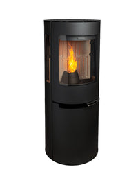 Side view of Aduro P5 wood pellet stove with curved glass and elegant side panels, showcasing 180-degree flame view.