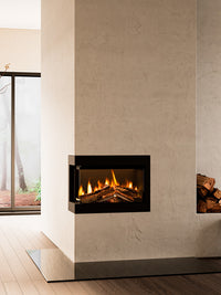 Side view of the British Fires Ashlett electric fire with dark glass and hand-scorched oak logs in a modern setting.