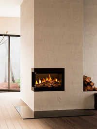 Side view of British Fires Ashlett electric fire with hand-scorched oak logs and dark glass backdrop.