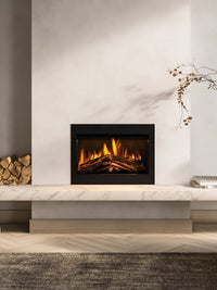 Side view of the British Fires Ashlett electric fire with dark glass backdrop and hand-scorched oak logs.