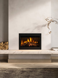 Side view of the British Fires Ashlett electric fire featuring dark glass and hand-scorched oak logs.