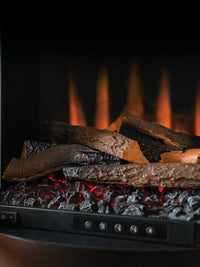 Side view of British Fires Ashurst Electric Stove, showcasing its cylindrical steel body and textured paint finish.