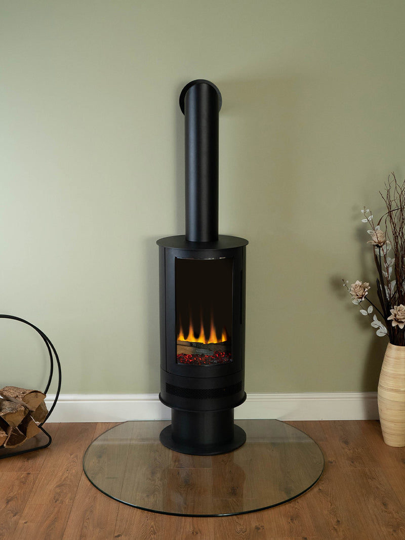 Side view of the British Fires Ashurst Electric Stove, showcasing its cylindrical steel body and textured paint finish.