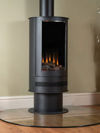 Cylindrical steel electric stove in textured black finish with open front door and honeycomb heater grill.