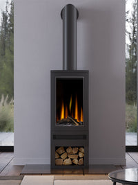 Side view of the British Fires Bramshaw electric stove in textured steel finish, showcasing its modern square design.