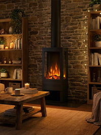 Side view of the British Fires Bramshaw Electric Stove in textured steel finish, showcasing its modern square design.