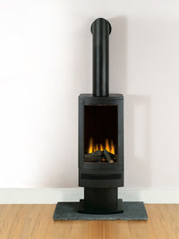 Side view of the British Fires Bramshaw Electric Stove showcasing its sleek steel design and panoramic side-view ports.