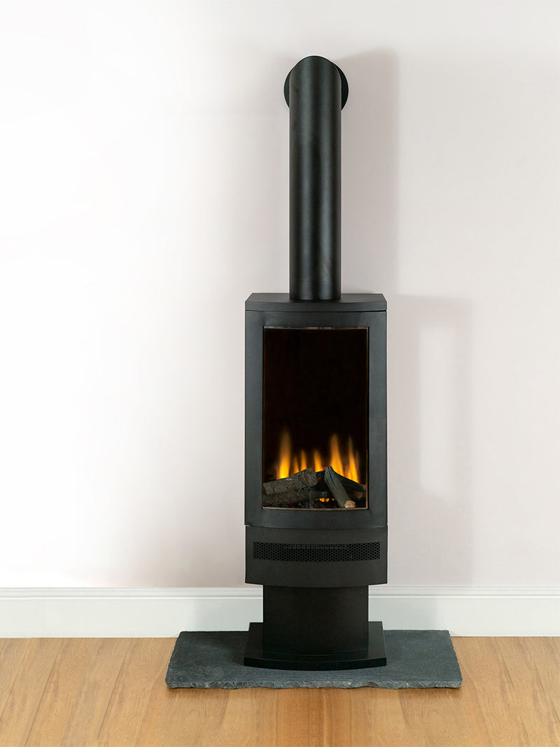 Side view of the British Fires Bramshaw Electric Stove showcasing its sleek steel design and panoramic side-view ports.