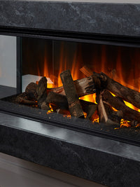 Side view of the British Fires Brockenhurst Electric Fire Suite showcasing its sleek design and three-sided glass viewing.