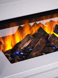Side view of the British Fires Holbury electric fire suite, showcasing its sleek, inset design and realistic flames.