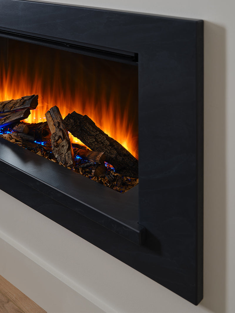 Side view of the British Fires Holbury Electric Fire Suite, showcasing its sleek inset design and realistic flames.