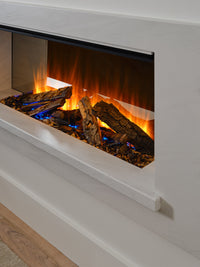 Side view of the British Fires Holbury electric fire suite, showcasing its sleek, inset design and realistic flame display.