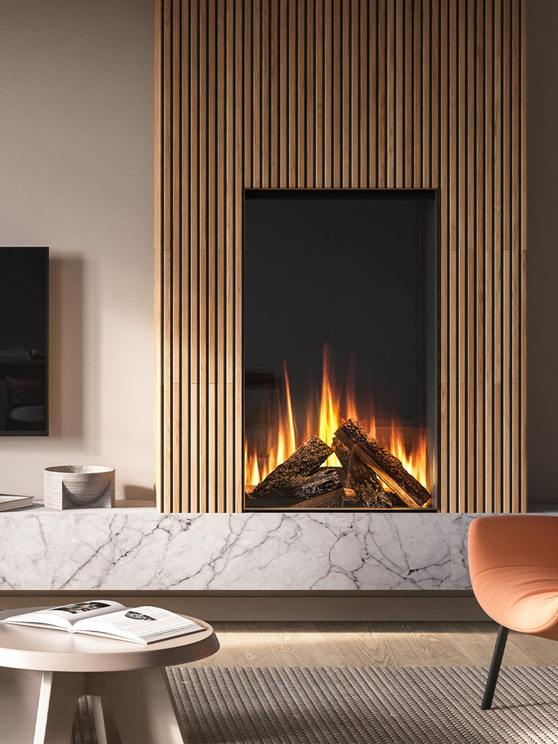 Tall British Fires Knightwood Electric Fire with hand-scorched oak logs and mirrored glass, showcasing its elegant design.