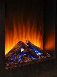 Side view of the British Fires Knightwood Electric Fire with hand-scorched oak logs and rear mirrored glass.