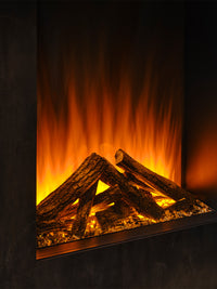 Side view of the British Fires Knightwood Electric Fire with hand-scorched oak logs and mirrored glass, showcasing its height.