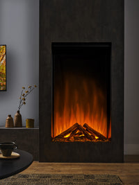 Side view of the British Fires Knightwood Electric Fire with hand-scorched oak logs and mirrored glass for depth.