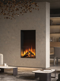 Side view of British Fires Knightwood Electric Fire with hand-scorched oak logs and mirrored glass for depth.