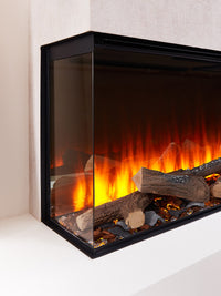 Side view of the British Fires New Forest 1200 electric fire, showcasing its sleek glass front and flush wall design.