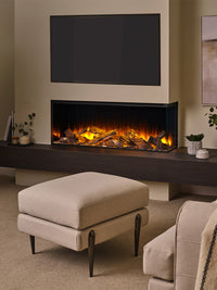 Side view of the British Fires New Forest 1200 electric fire, showcasing its sleek glass design and flush wall integration.
