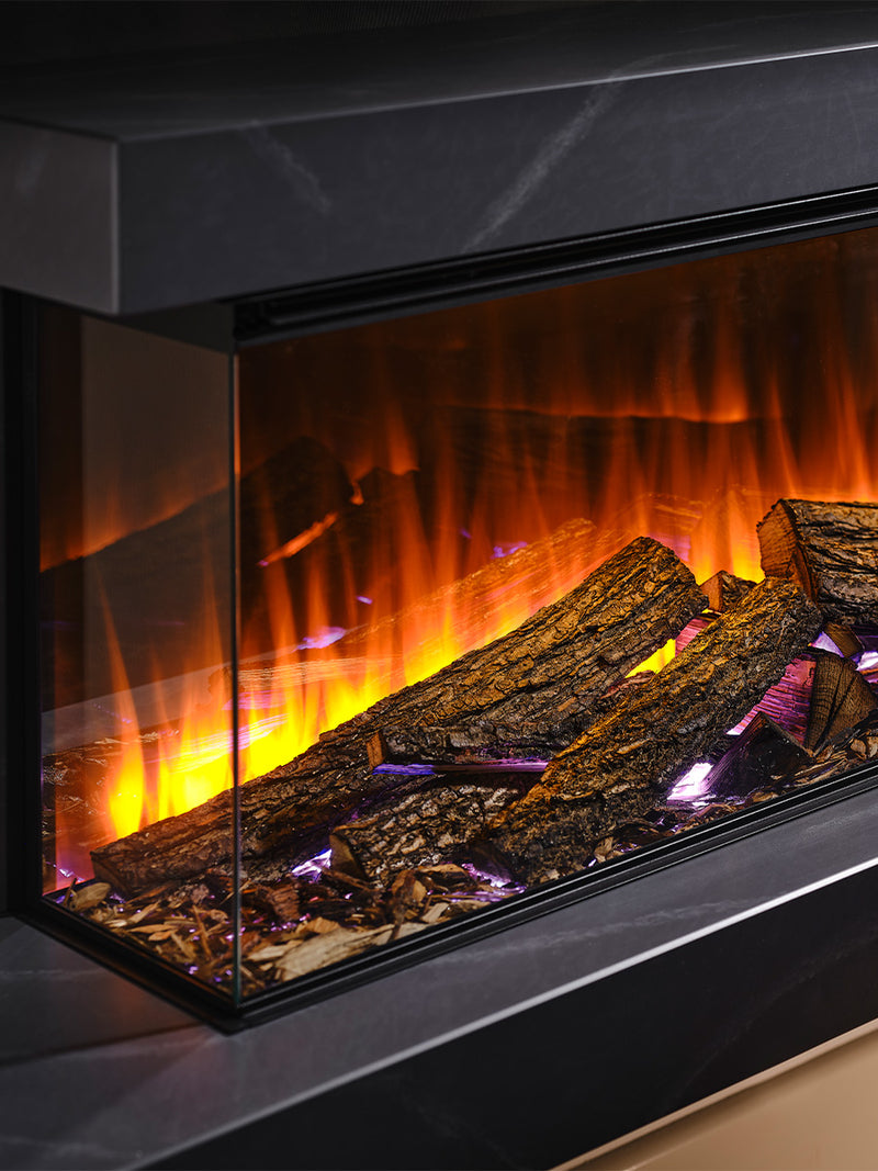 Side view of the British Fires New Forest 1200 electric fire, showcasing its sleek glass front and modern design.