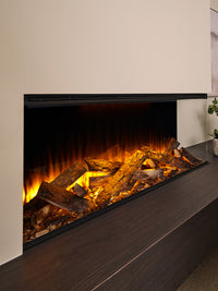 Side view of the British Fires New Forest 1200 electric fire, showcasing its sleek glass front and modern design.